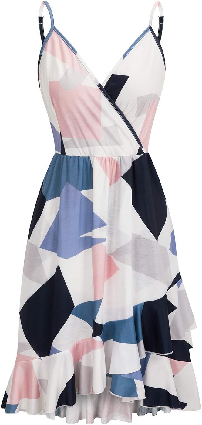 ULTRANICE Womens Summer Dresses Floral V Neck Ruffled Hem Spaghetti Spring Casual Beach Outfits Flowy Wrap Sun Dress