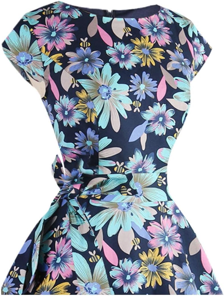 PUKAVT Women's 1950 Boatneck Cap Sleeve Vintage Swing Cocktail Party Dress with Pockets