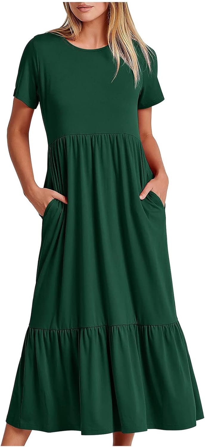 XUNRYAN Summer Dresses for Women 2024 Casual Calf Length Maxi Dress Pleated Flowy Tiered Swing Beach Sundress with Pockets