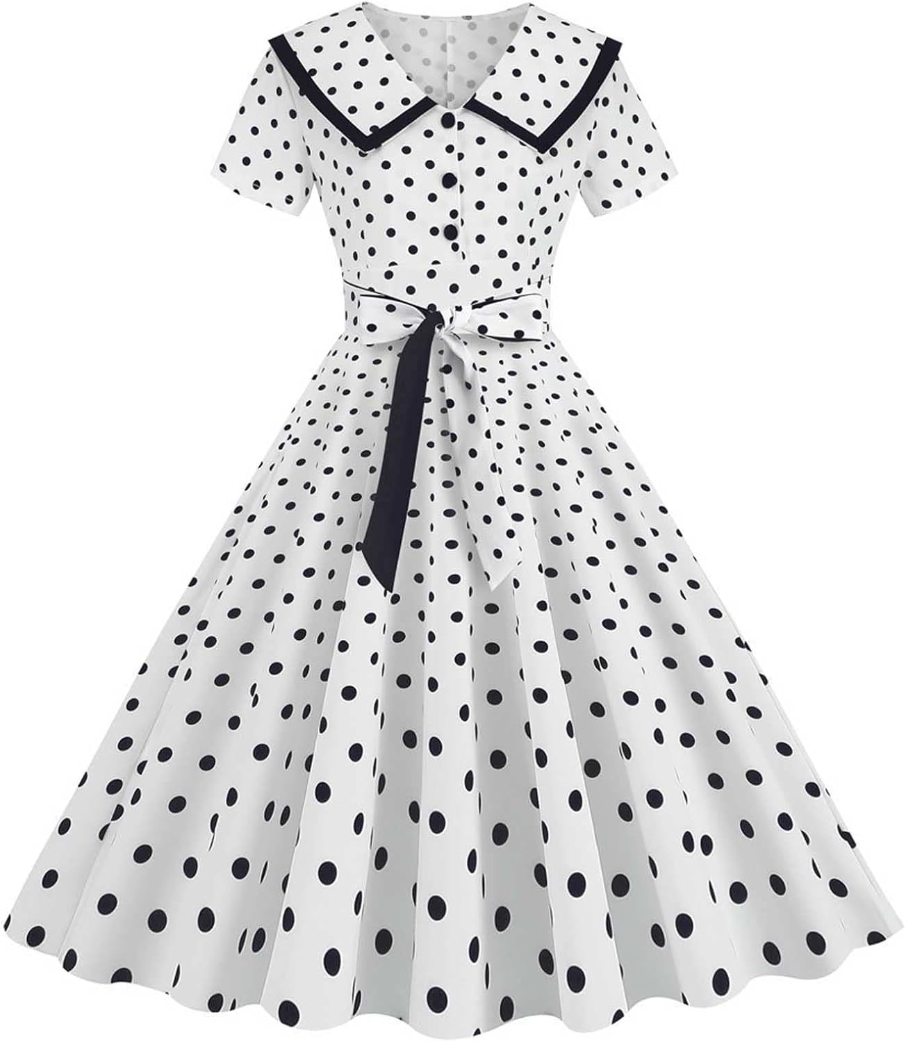 Women's Lapel Rockabilly Dress Cute Polka Dot Print Audrey Dress Button Down Vintage Cocktail Dress 1950s Fairy Dress