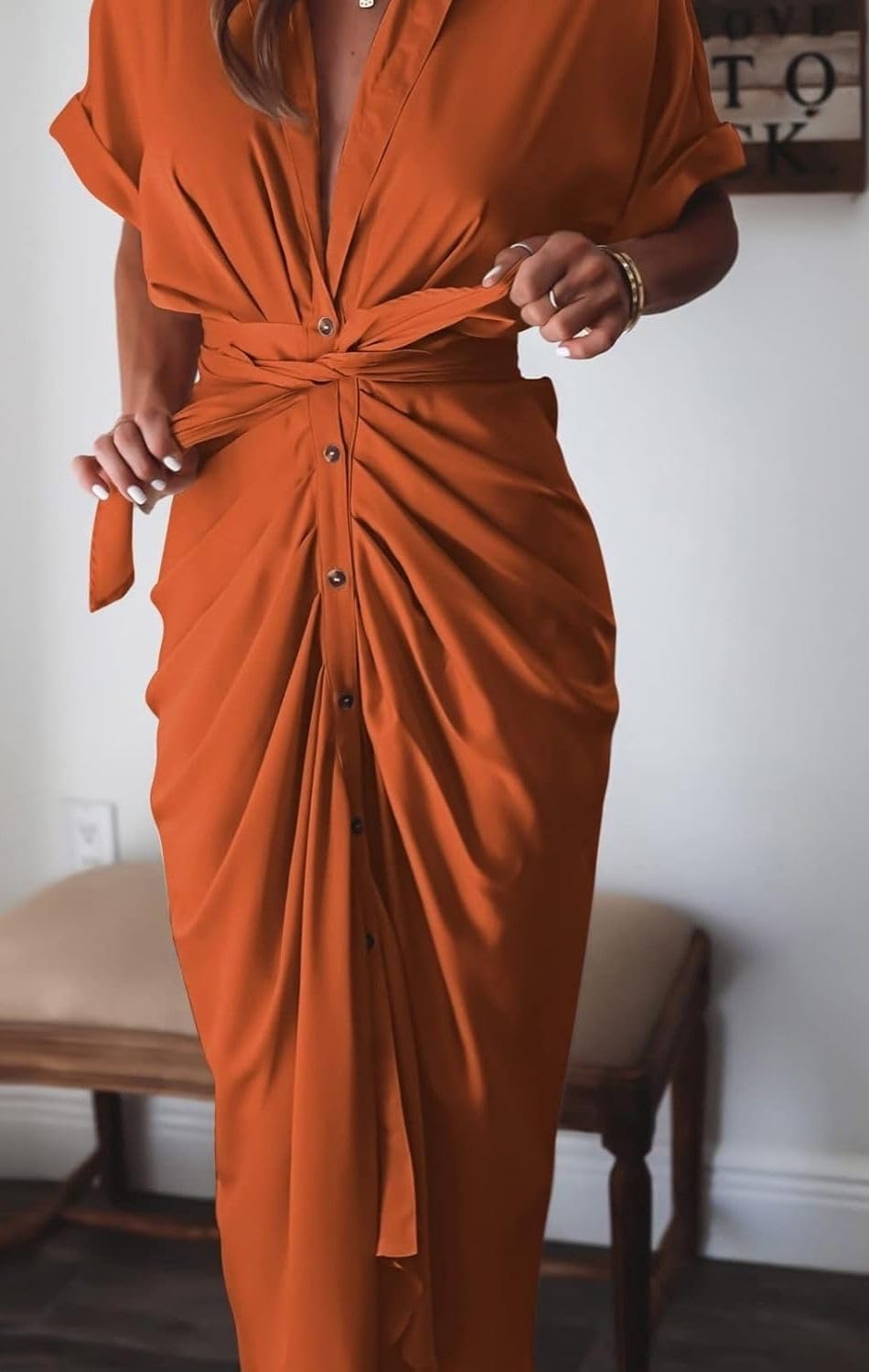 Women's Swing Classic Cute Maxi Ruched Breathable Shirt Dresses Bownot Slim Fitted Dress