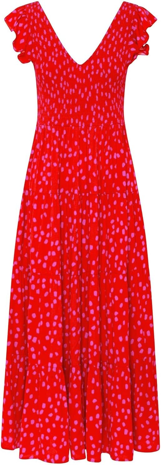 Women's Casual Maxi Dresses Ruffle Sleeve Smocked Dress High Waisted Plus Size Long Dresses Split Flowy Sundress