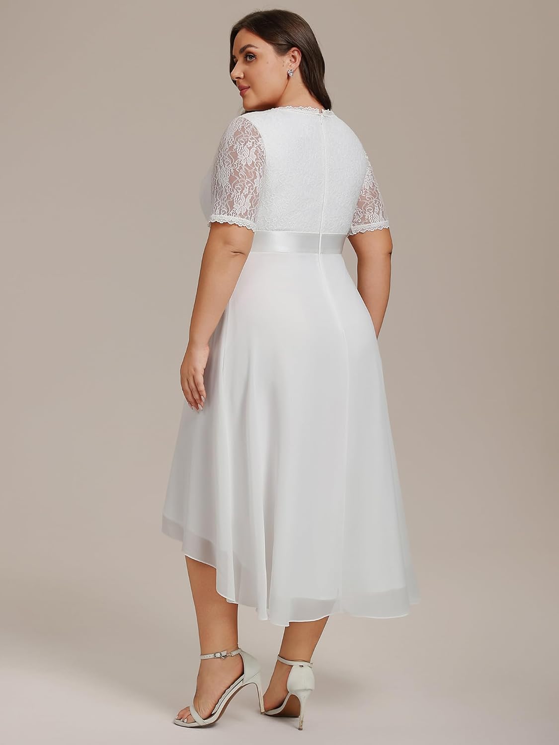 Ever-Pretty Women's V Neck Pleated A Line Lace Chiffon Half Sleeves Midi Plus Size Cocktail Wedding Guest Dresses