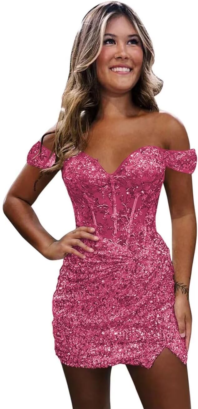 Sparkly Off Shoulder Sequin Homecoming Dresses 2025 Short Tight Mermaid Cocktail Dress Teens HOCO Corset Gowns