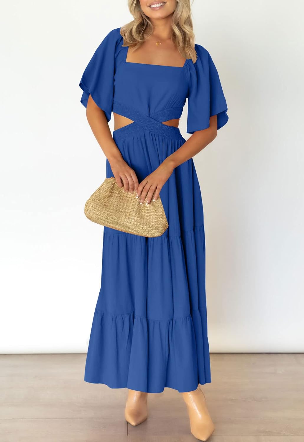 LEANI Women's 2025 Summer Cutout Maxi Dress Square Neck Short Sleeve Crossover Waist Casual Party Dresses