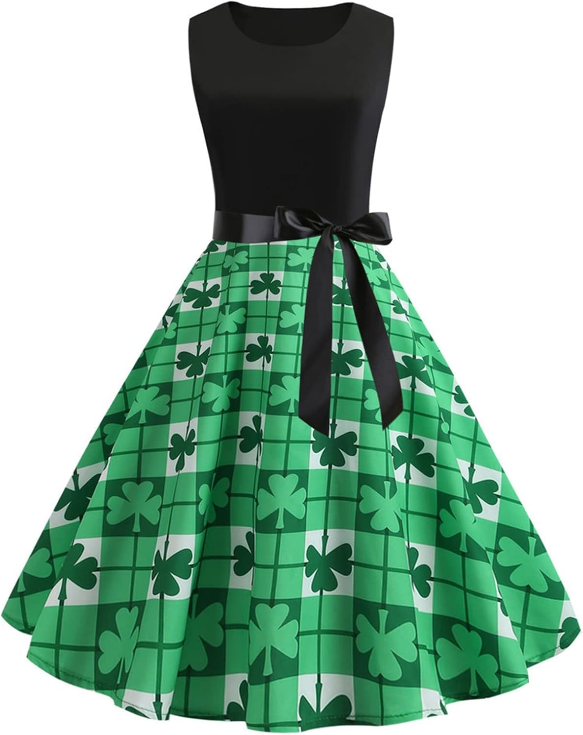 aihihe St Patricks Day Dress for Women A Line Pleated Hepburn Dress Lukcy Shamrock Print Irish Dress 2024 Vintage Dress