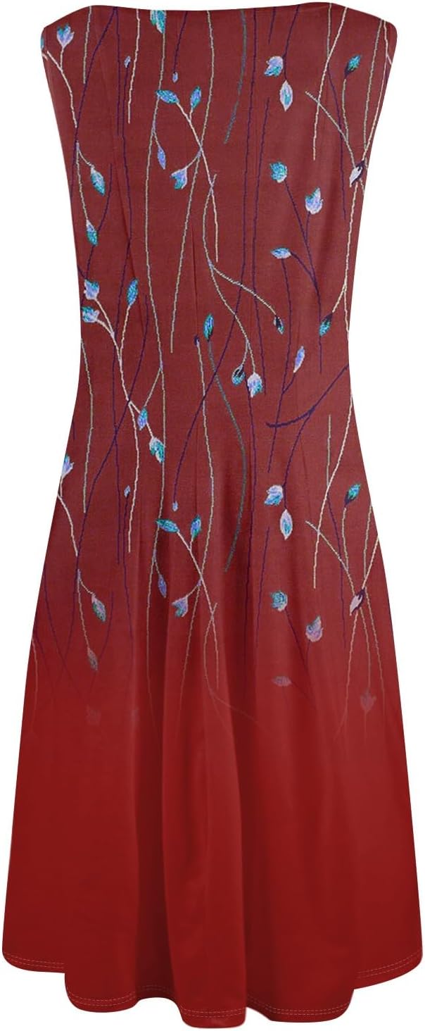 Womens Tank Sundress 2025 Casual Floral Print Tshirt Dress Swing Sleeveless Midi Dress Crewneck Pleated Summer Dresses