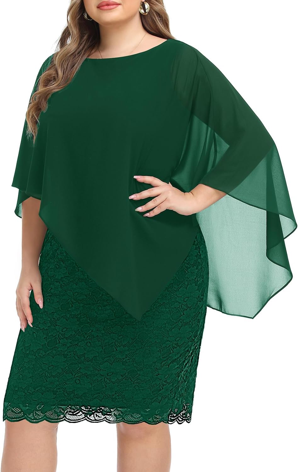 Plus Size Dresses Wedding Guest - Mother Bride Semi Formal Lace Cape with Chiffon Overlay Dresses