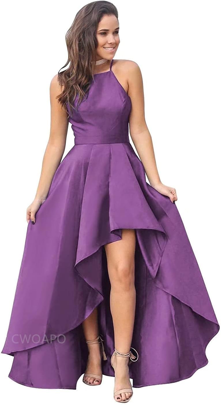 CWOAPO Halter High Low Bridesmaid Dress Evening Dress Satin Homecoming Dresses A Line Cocktail Gowns with Pockets
