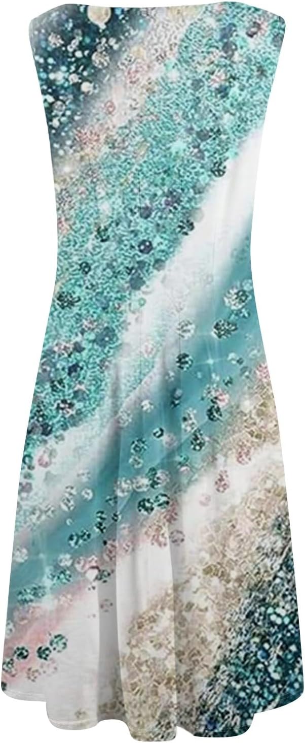 Womens Tank Sundress 2025 Casual Floral Print Tshirt Dress Swing Sleeveless Midi Dress Crewneck Pleated Summer Dresses