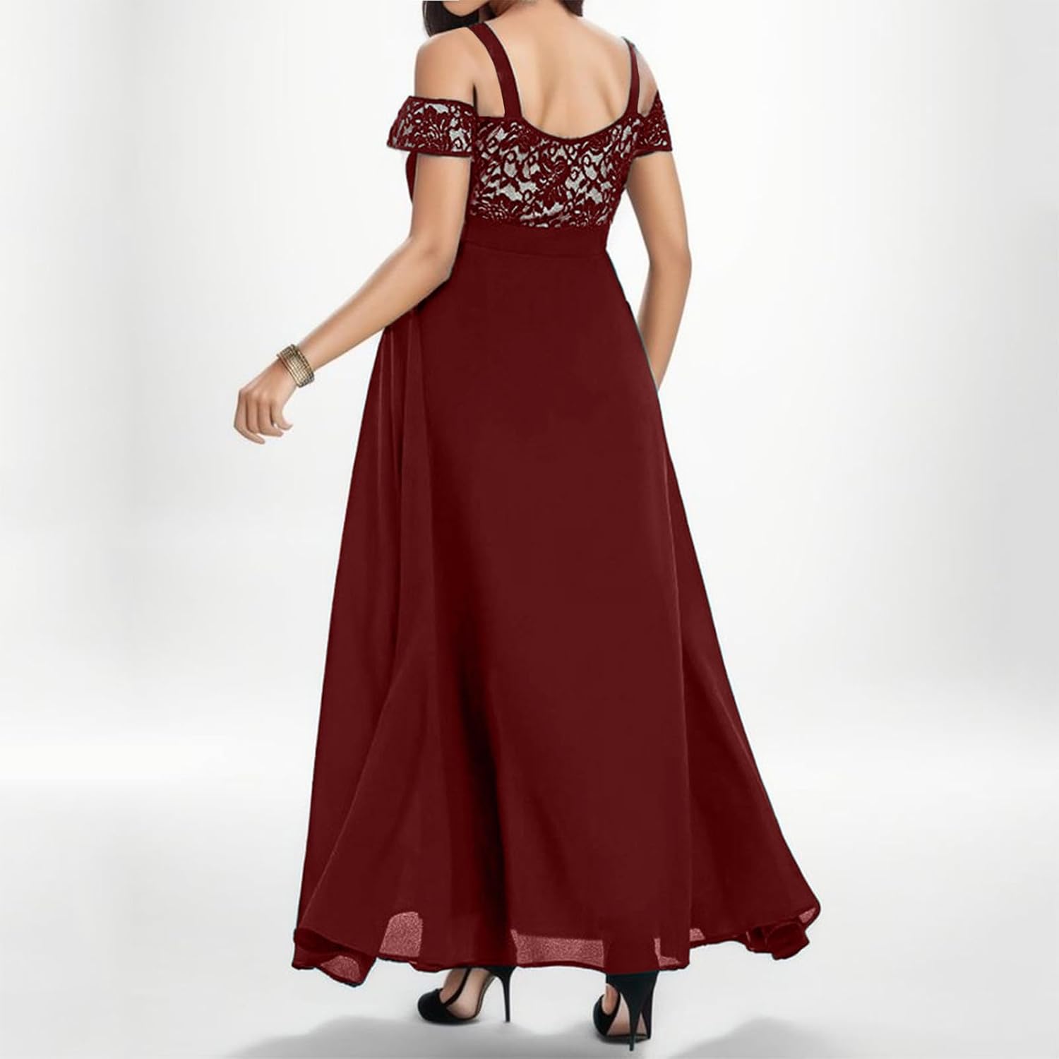 Womens Cold Shoulder Dresses Plus Size Lace Cocktail Dresses Chiffon Wedding Guest Maxi Dress Evening Party Gown