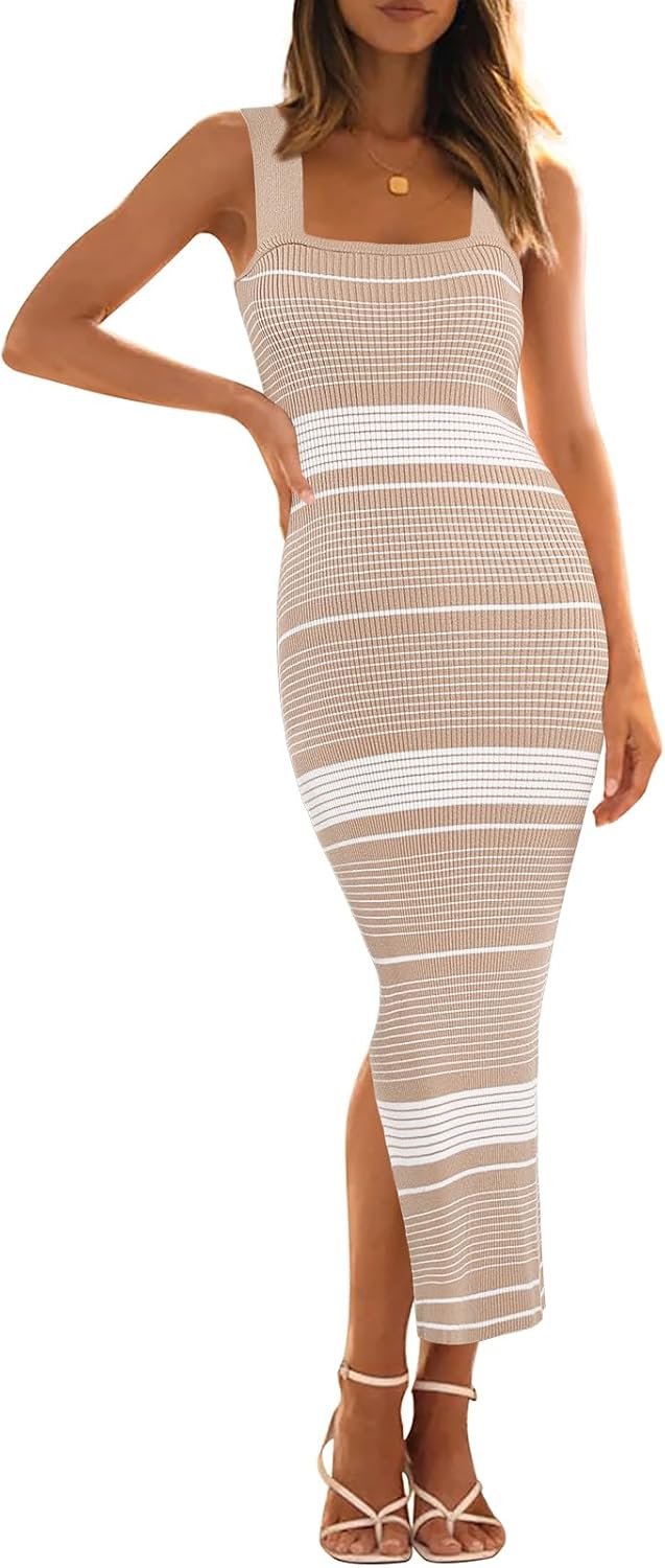 MEROKEETY Women's 2025 Summer Spring Bodycon Midi Dress Vacation Sleeveless Ribbed Knit Striped Party Sweater Dresses