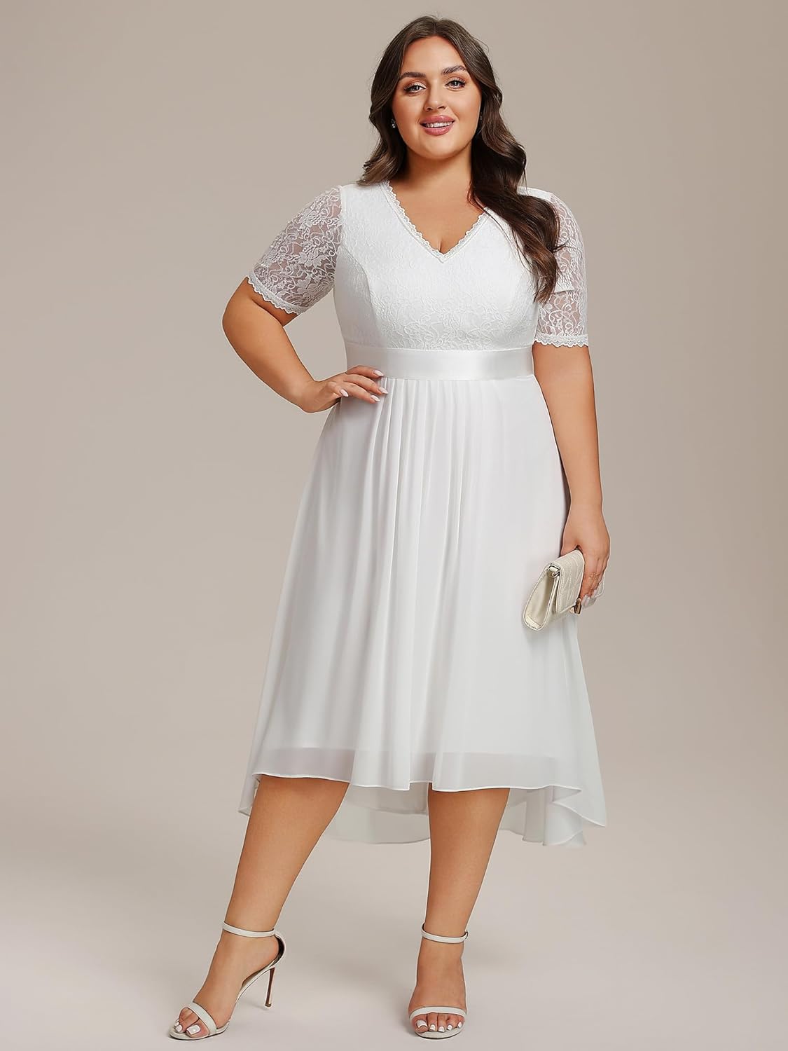 Ever-Pretty Women's V Neck Pleated A Line Lace Chiffon Half Sleeves Midi Plus Size Cocktail Wedding Guest Dresses