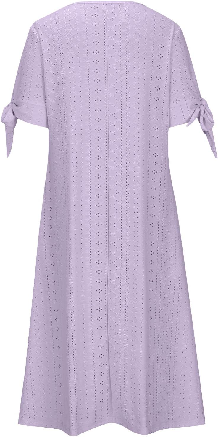 Boho Dresses for Women 2024 Fashion Summer Short Sleeve Eyelet Notch V Neck Sundress Beach Casual Maxi Long Dress