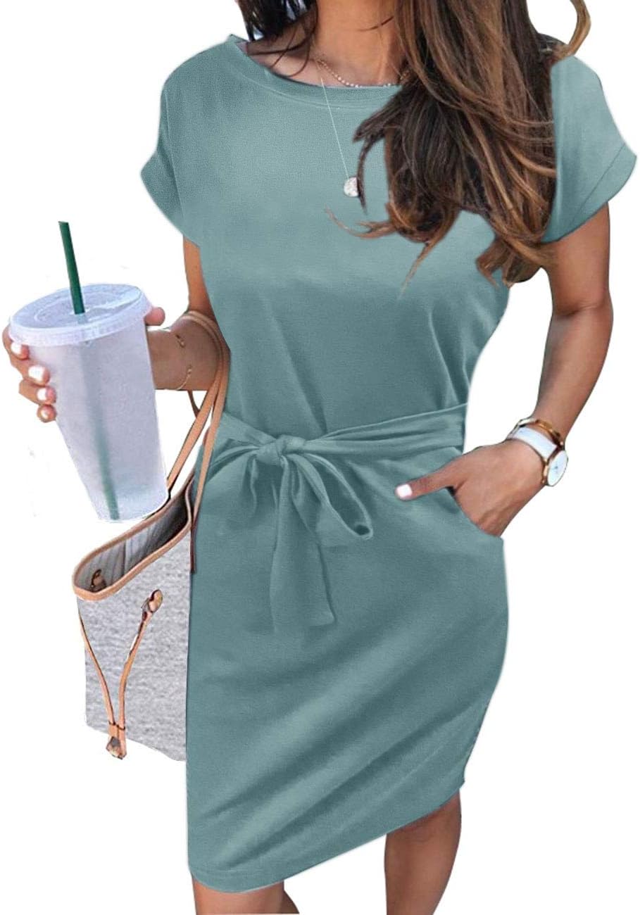 MEROKEETY Women's Summer Striped Short Sleeve T Shirt Dress Casual Tie Waist with Pockets