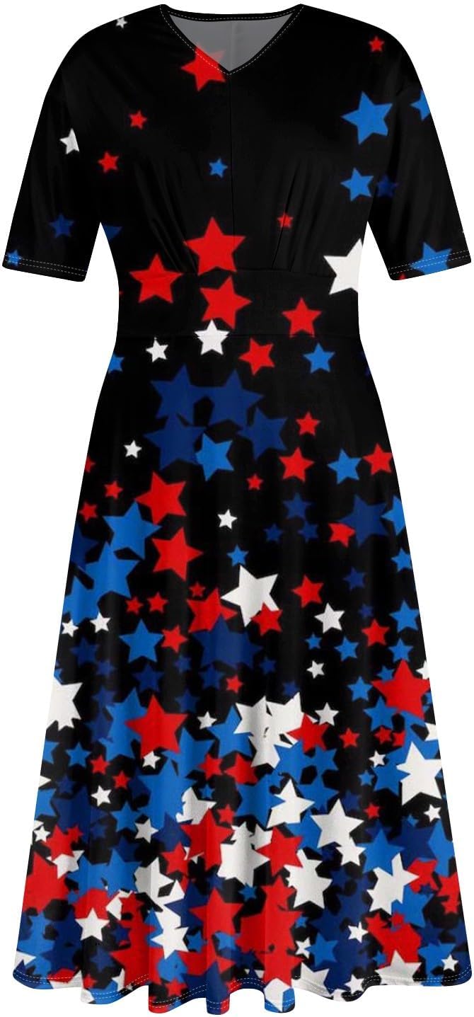Women's Patriotic Star Print Midi Short Sleeve V-Neck Casual A-Line Dress for Summer Parties & Events