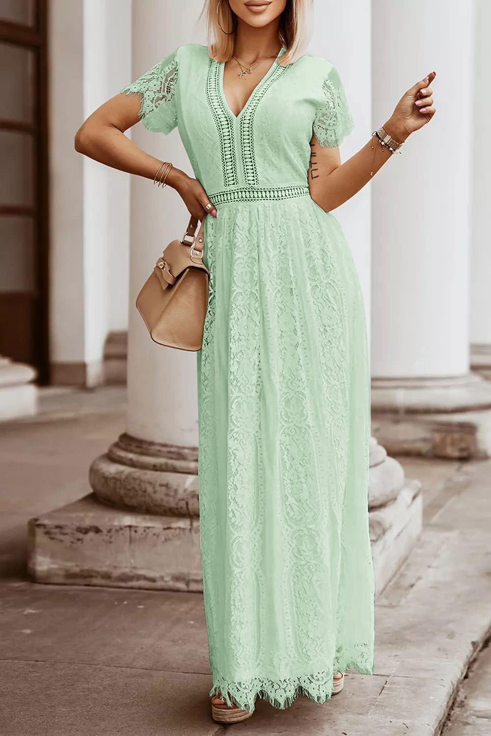 MEROKEETY Women's V Neck Short Sleeve Floral Lace Wedding Dress Bridesmaid Cocktail Party Maxi Dress