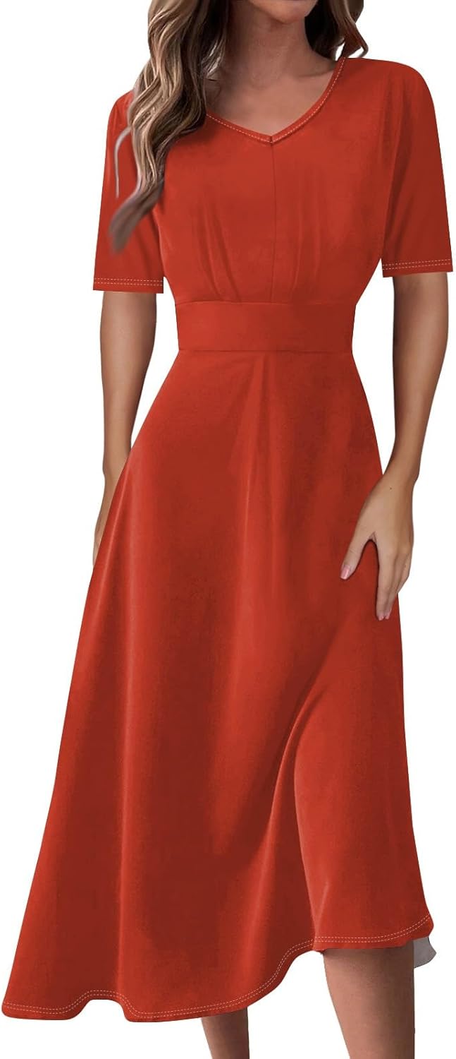 Women's Summer Elegant Cocktail Dress Solid Color Swing V-Neck Party Gown Dresses, S-2XL