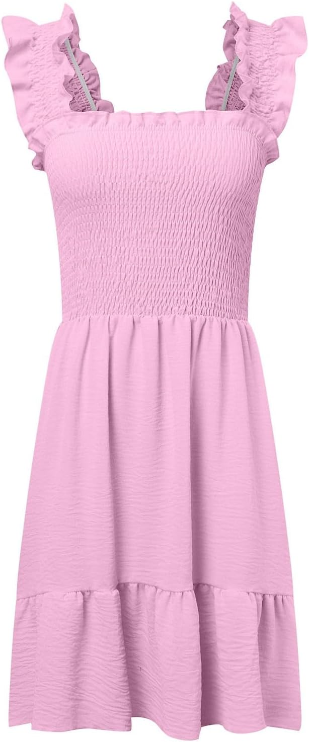 Women Summer Casual Sleeveless Square Neck Smocked Ruffle Backless Boho Mini Dress Flowy Beach Cute Swing Dress