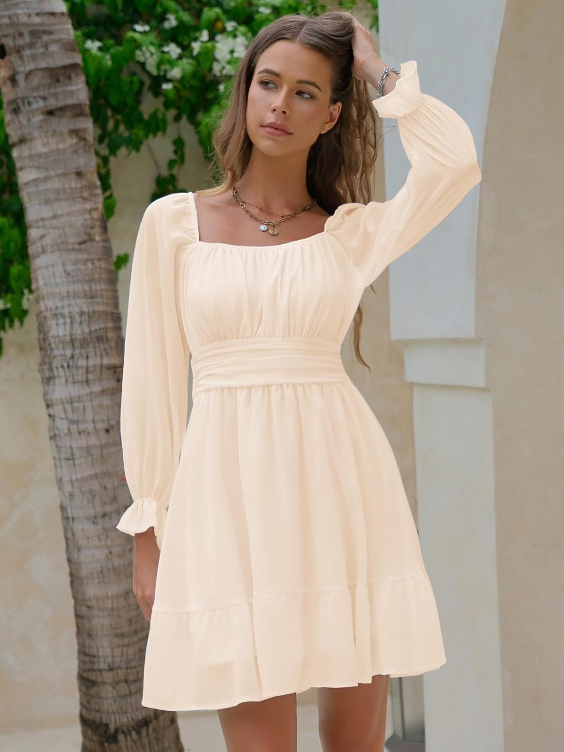 EXLURA Women's 2025 Casual Long Lantern Sleeve Dresses Square Neck Ruffle Tie Back Elastic Waist Aline Short Mini Dress