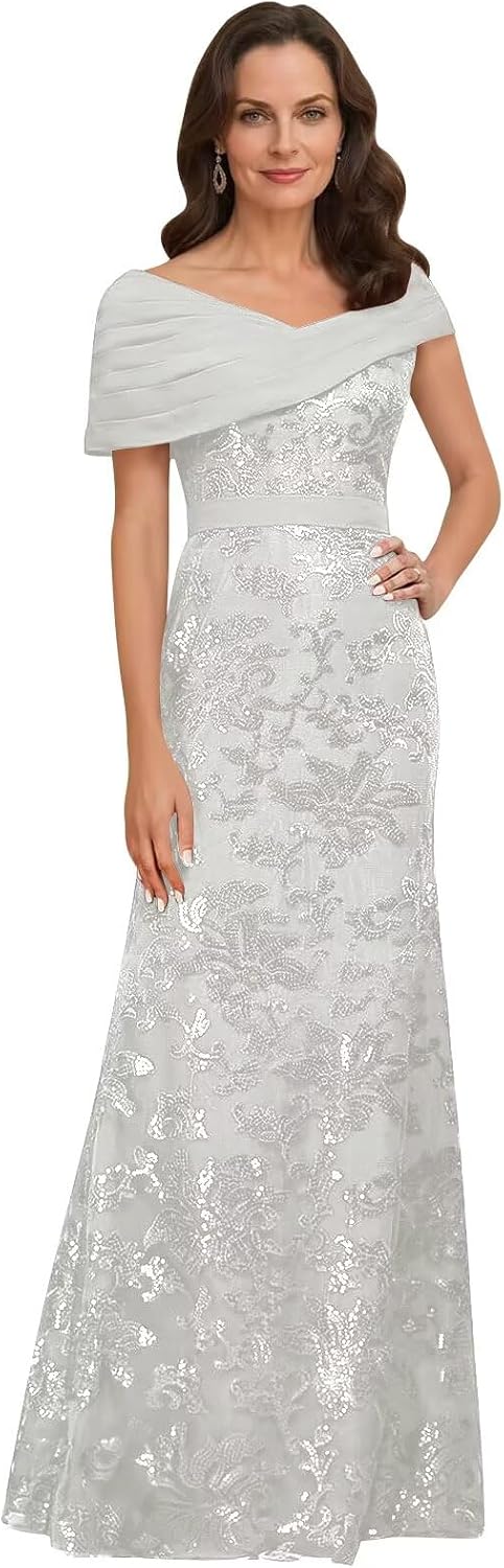 Lace Sequin Mother of The Bride Dresses for Women Long Mermaid Off The Shoulder Formal Evening Dress with Sleeves