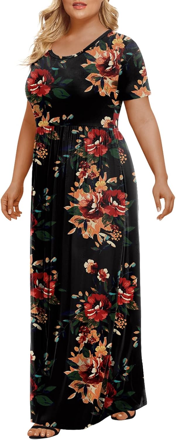 LONGYUAN Women's Plus Size Maxi Dresses for Curvy Women Summer Short Sleeve Casual 2025 Long Dress XL-6XL