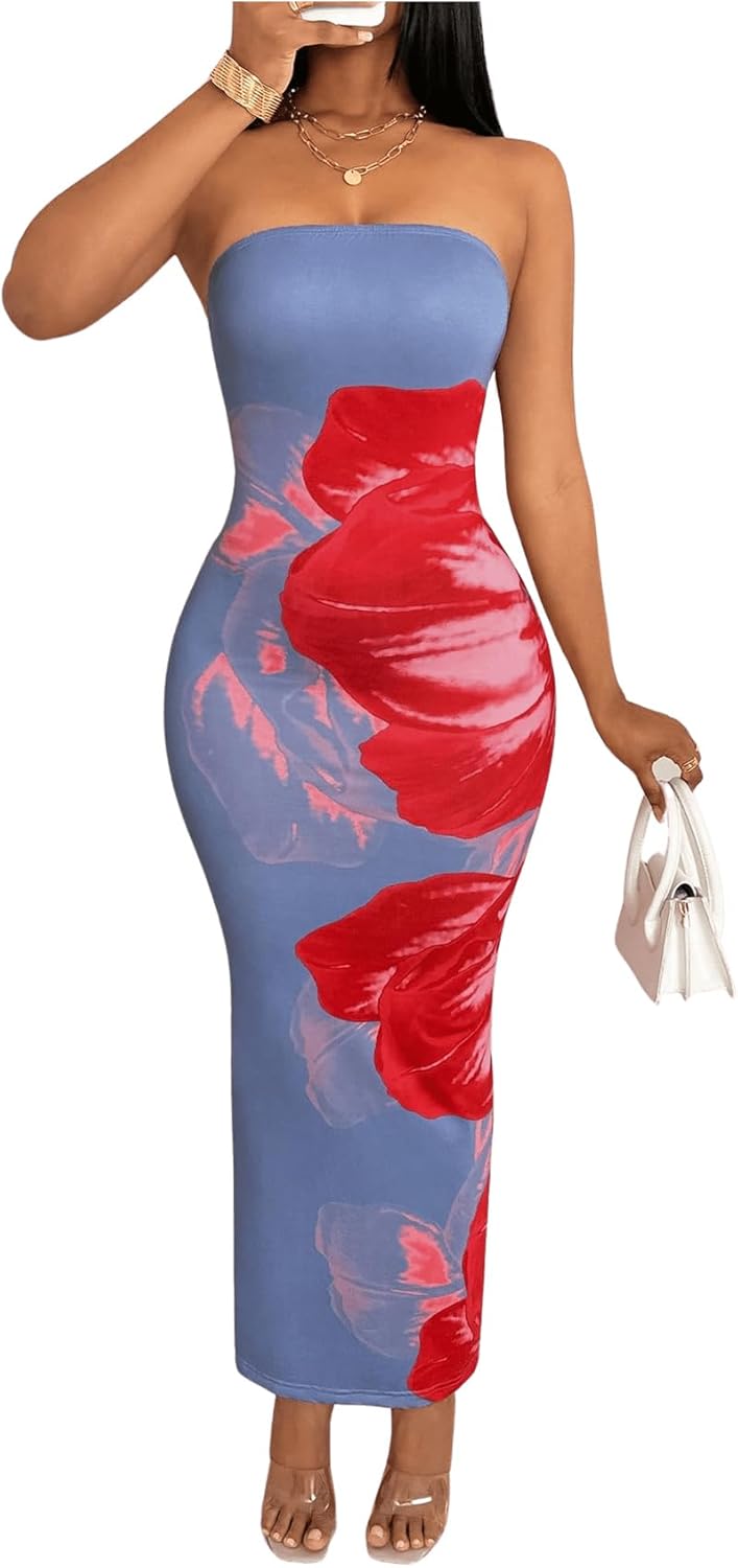 GORGLITTER Women's Floral Strapless Tube Dress Sleeveless Bodycon Maxi Dress Wedding Guest Long Dress