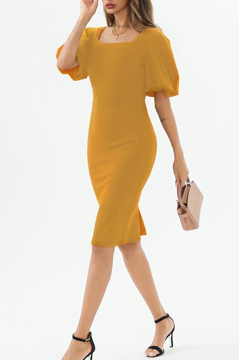 Womens Summer Dresses Square Neck Lantern Sleeve Bodycon Pencil Midi Dress