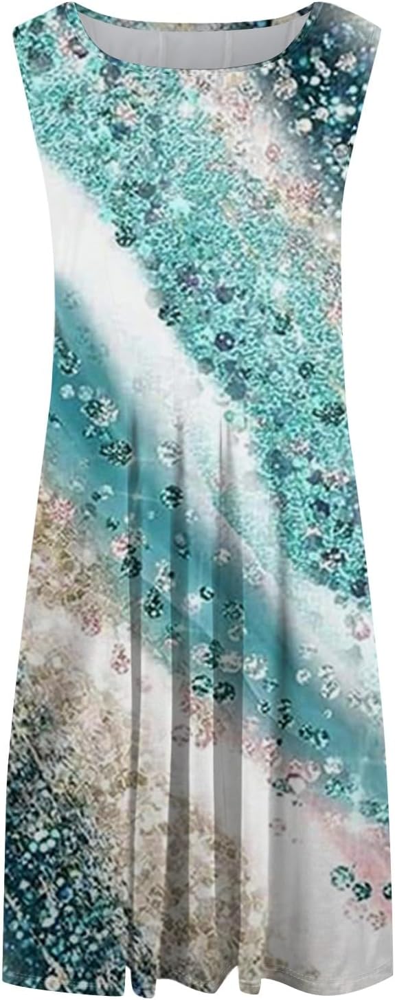 Womens Tank Sundress 2025 Casual Floral Print Tshirt Dress Swing Sleeveless Midi Dress Crewneck Pleated Summer Dresses
