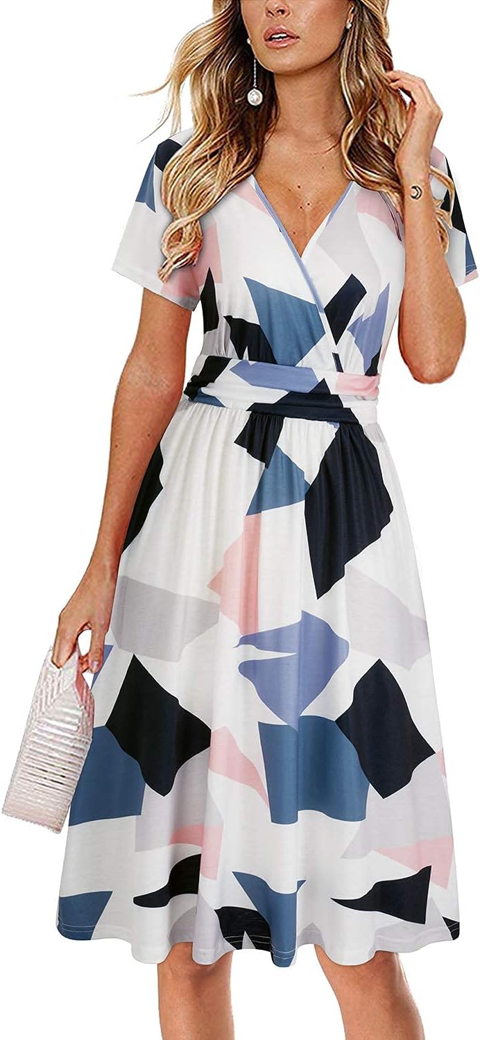 OUGES Women's Summer Short Sleeve V-Neck Floral Short Party Dress with Pockets