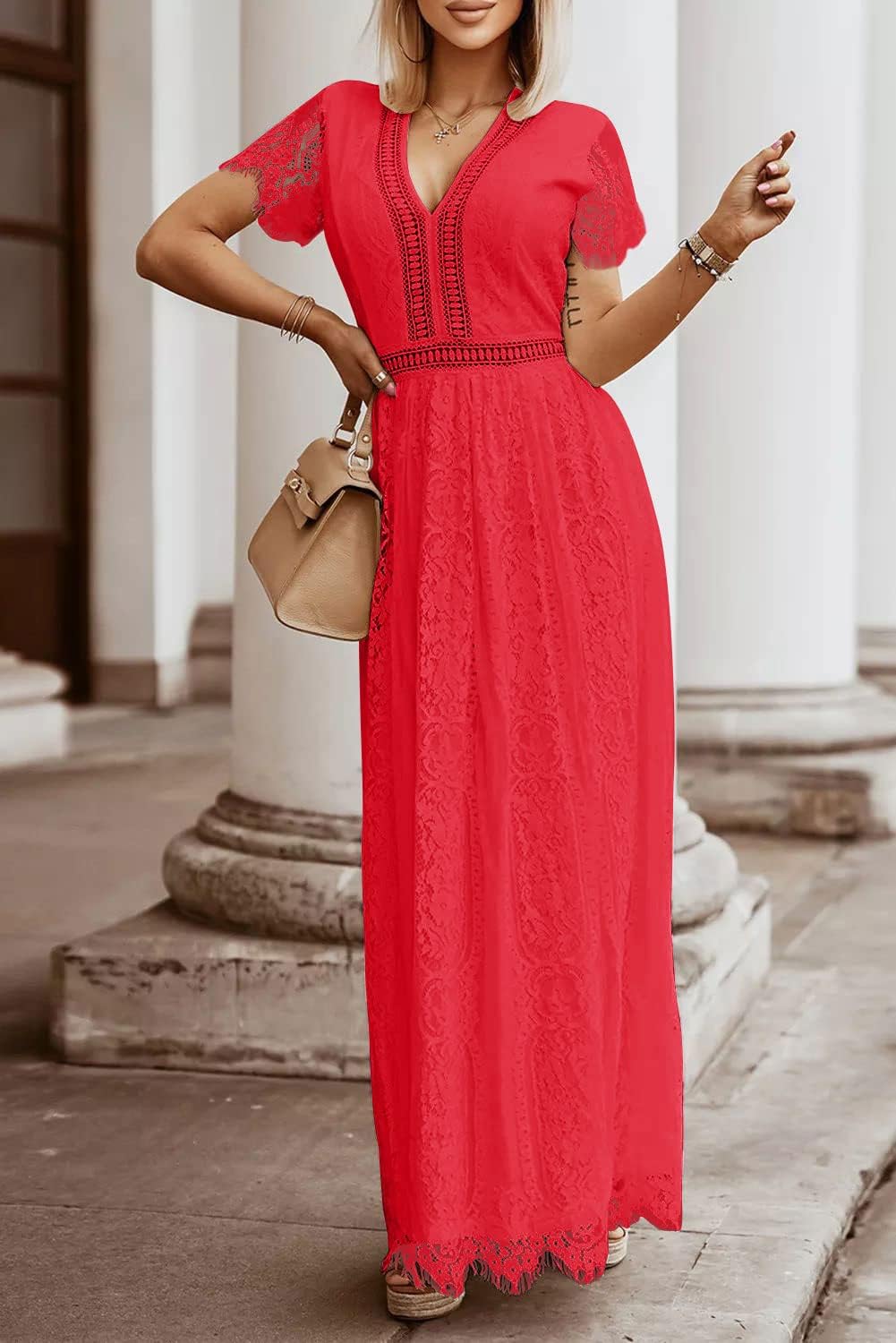 MEROKEETY Women's V Neck Short Sleeve Floral Lace Wedding Dress Bridesmaid Cocktail Party Maxi Dress