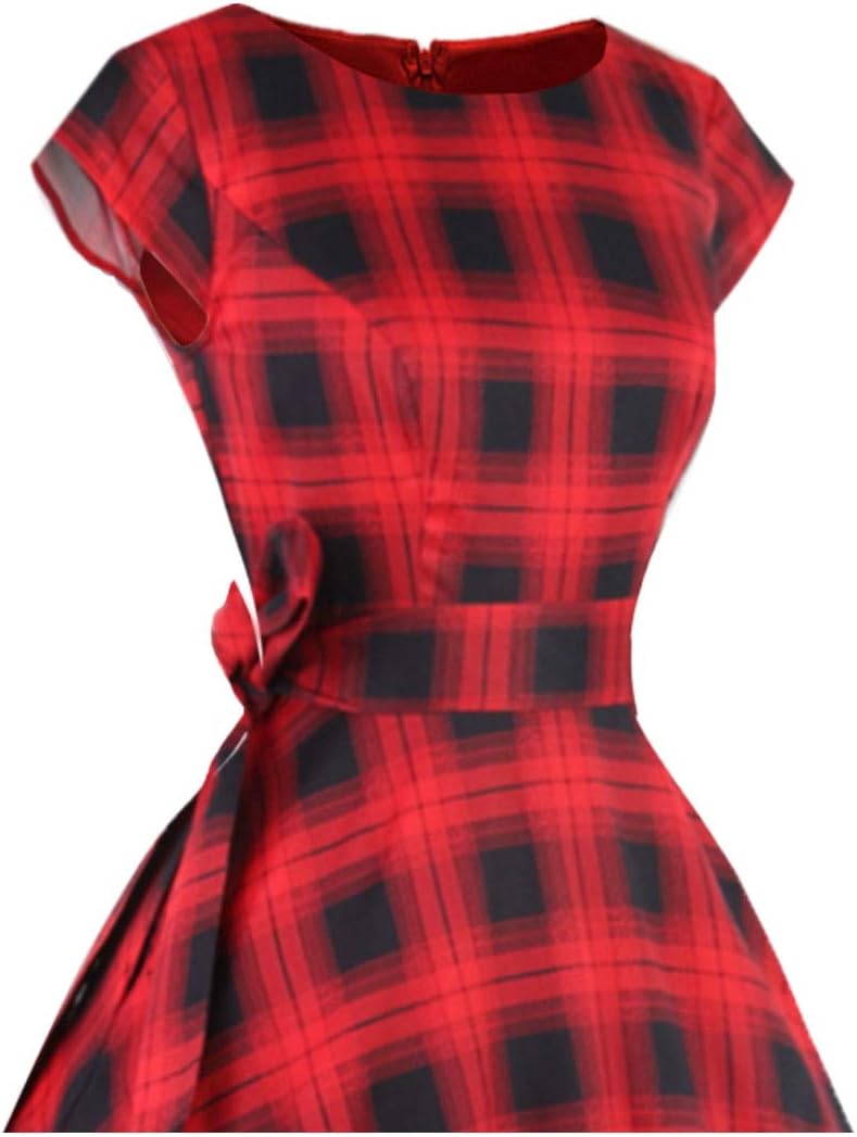 PUKAVT Women's 1950 Boatneck Cap Sleeve Vintage Swing Cocktail Party Dress with Pockets