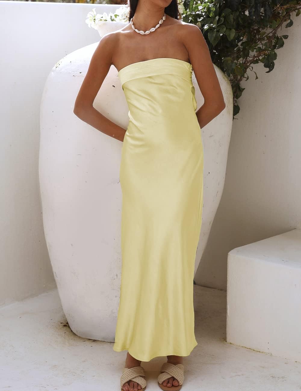 Realtix Satin Silk Backless Tube Tops Maxi Dress for Women Low Back Hollow Out Elegant Strapless Long Dresses Wedding Guest