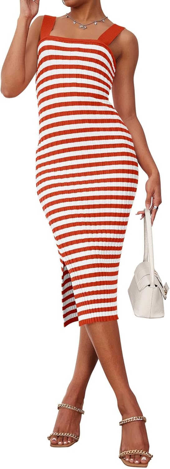 MEROKEETY Women's 2025 Summer Spring Bodycon Midi Dress Vacation Sleeveless Ribbed Knit Striped Party Sweater Dresses