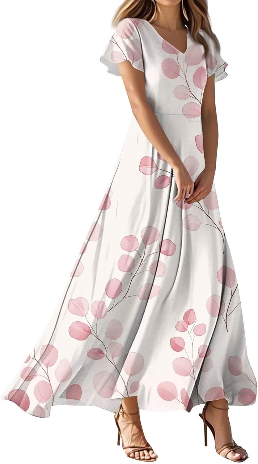 Womens Fashion V Neck Ruffle Short Sleeve Maxi Dress 2025 Summer Elegant Solid Color Flowy A Line Dresses