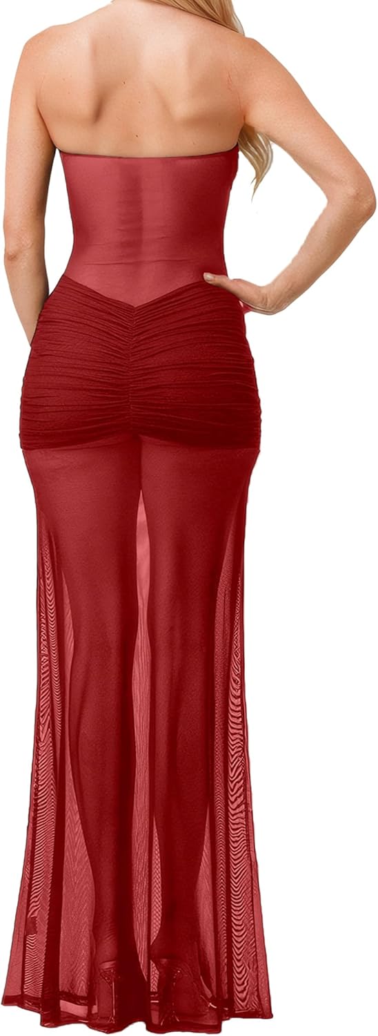 Women’s See Through Mesh Maxi Dress Sweatheart Neck Patchwork Slim Fit Night Out Seaside Long Dresses