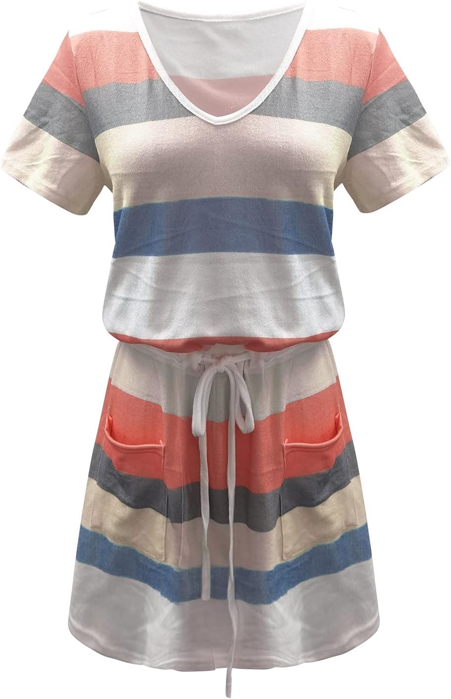 Women Summer Casual Striped Dress Drawstring Waist Tie Knot Mini Dresses Short Sleeve V Neck Tank Dress with Pocket