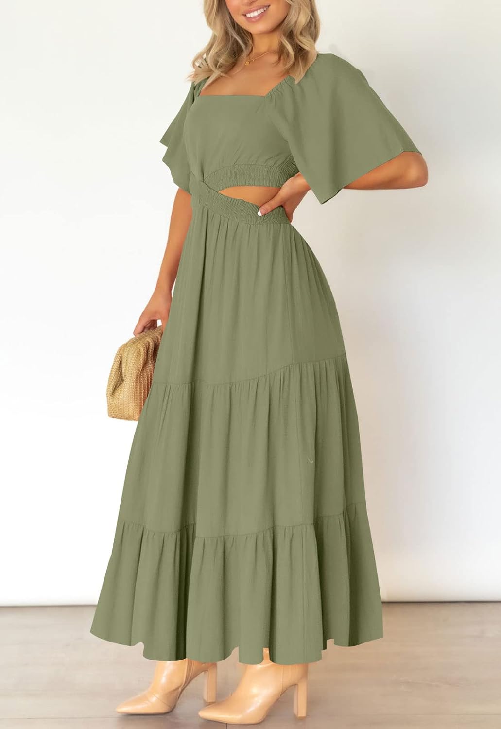 LEANI Women's 2025 Summer Cutout Maxi Dress Square Neck Short Sleeve Crossover Waist Casual Party Dresses