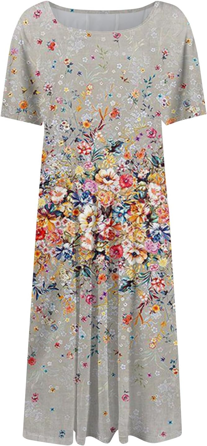 Summer Dresses for Women 2025 Crew Neck Short Sleeve Boho Beach Vacation Floral/Solid Midi Sundresses with Pockets