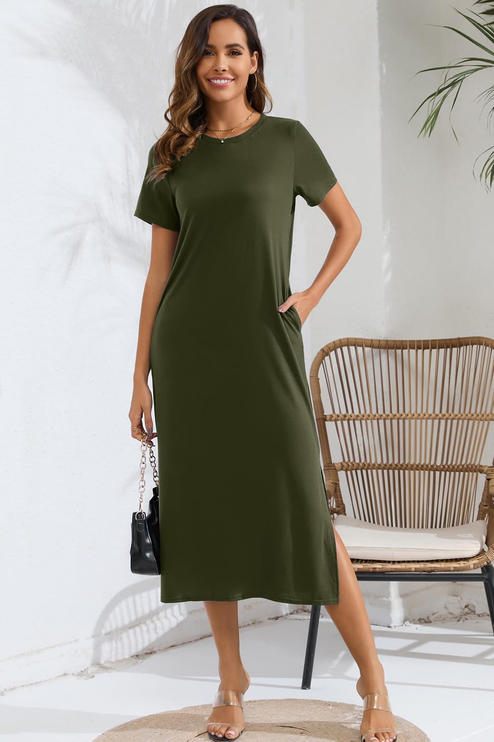 Naggoo Women's Short Sleeve Split Maxi Dress Casual Plain Tie Dye Print Tshirt Long Dresses with Pockets