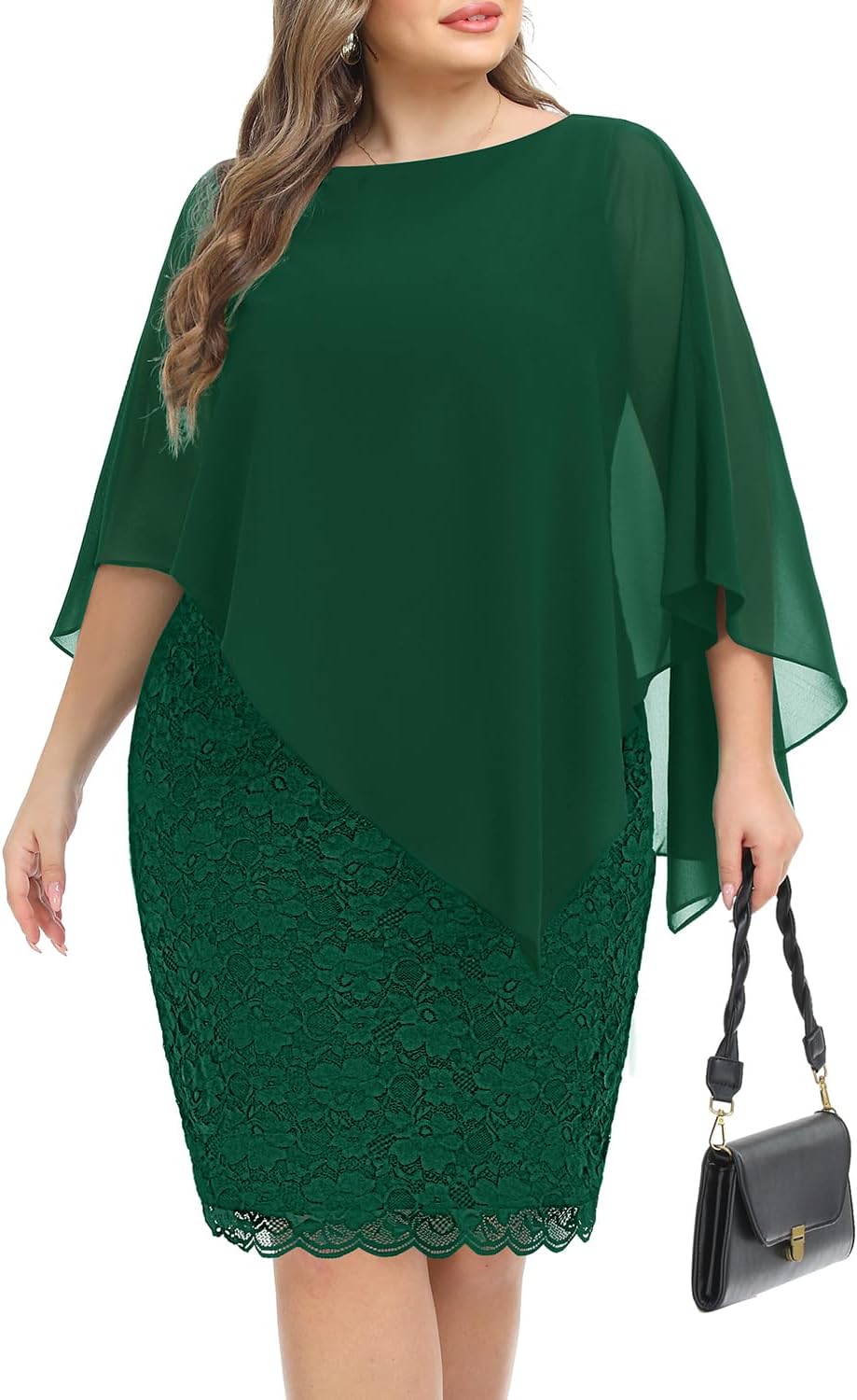 Plus Size Dresses Wedding Guest - Mother Bride Semi Formal Lace Cape with Chiffon Overlay Dresses