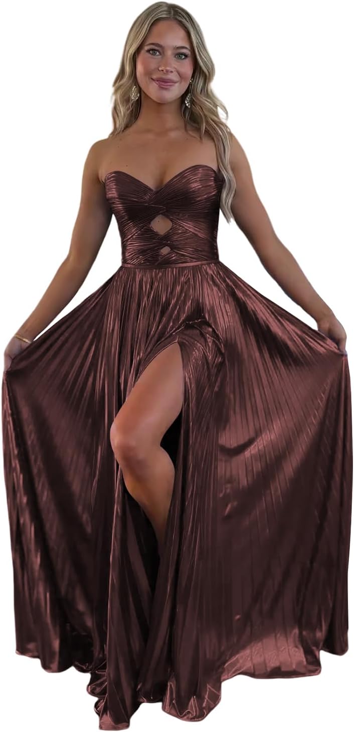 Loyeloy Sparkly Metallic Prom Dresses with Slit A Line Keyhole Satin Long Prom Ball Gowns for Women