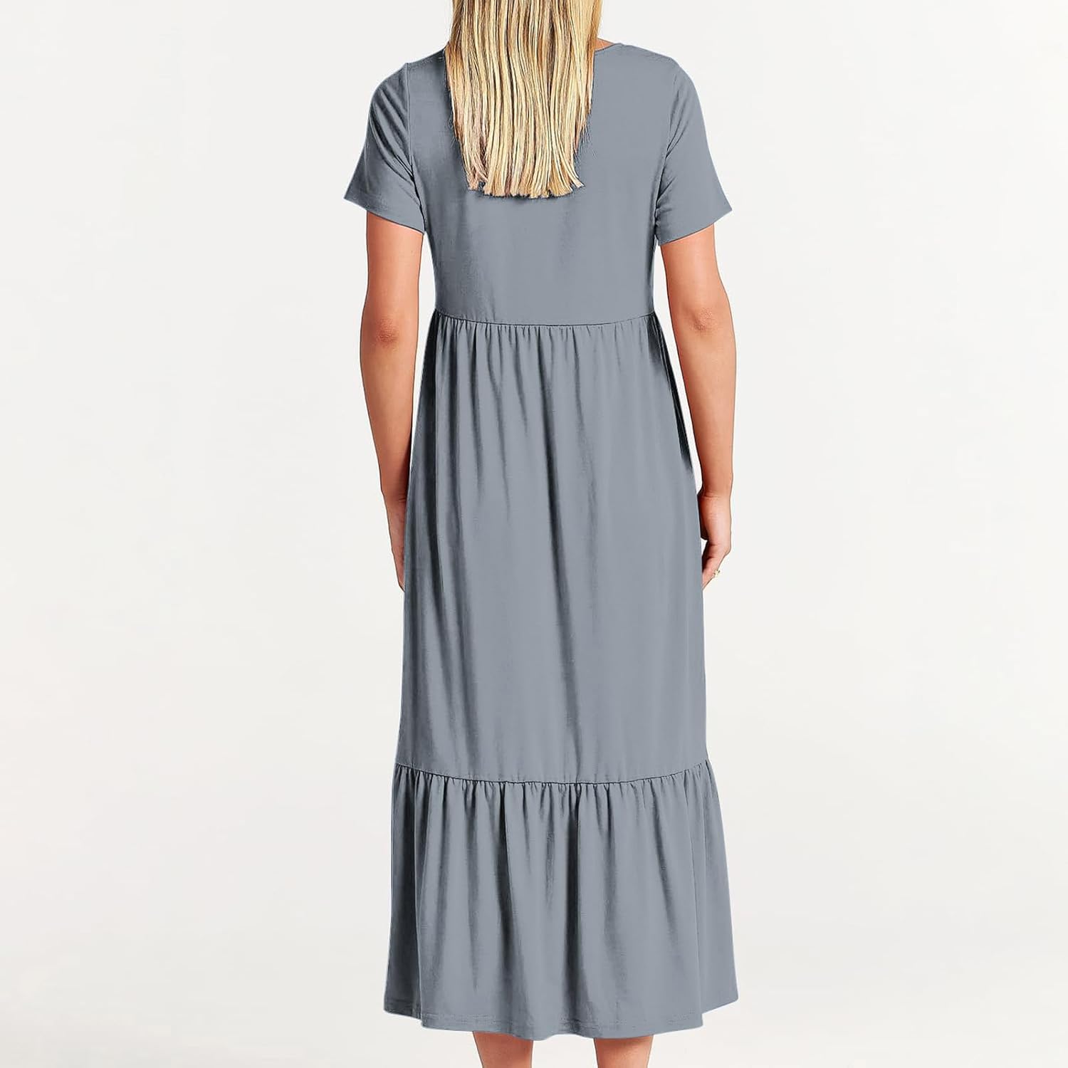 XUNRYAN Summer Dresses for Women 2024 Casual Calf Length Maxi Dress Pleated Flowy Tiered Swing Beach Sundress with Pockets
