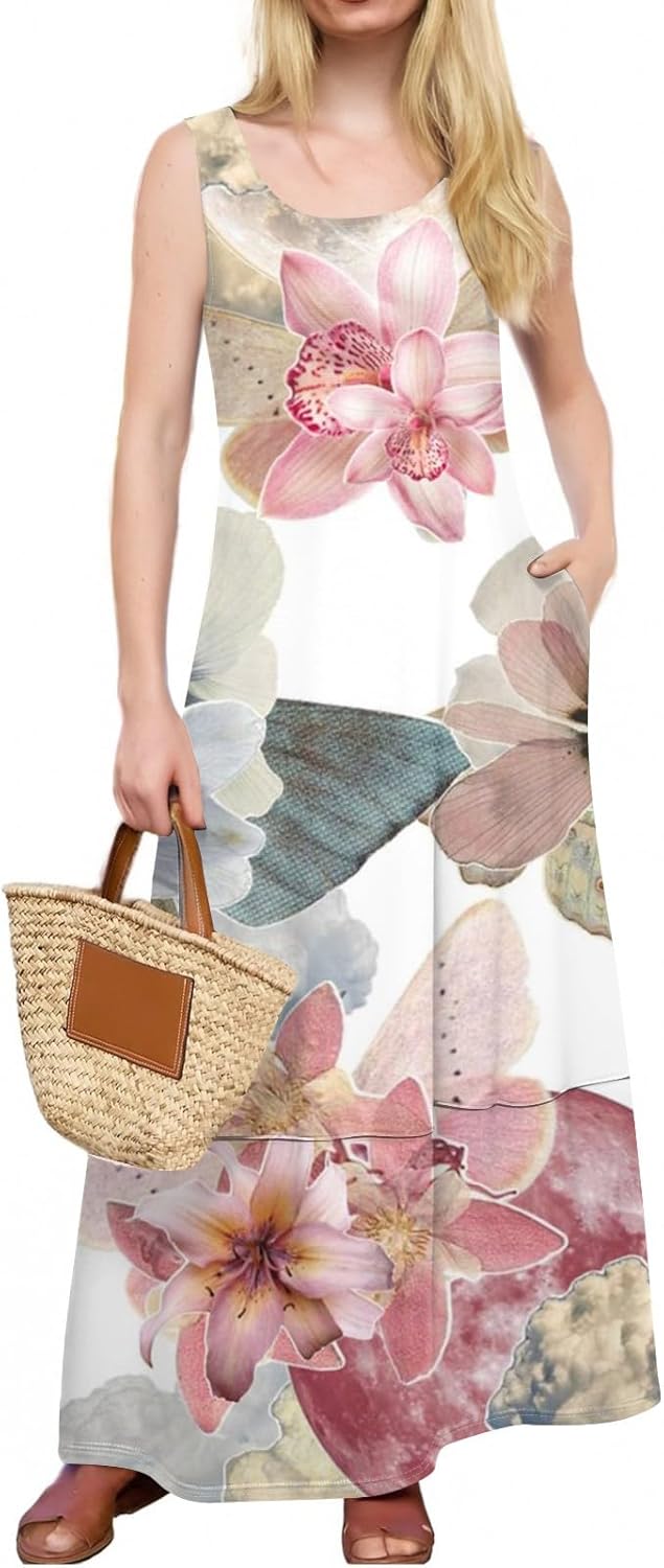 Womens Summer Tank Dress Vacation Boho Floral Long Dresses with Pockets Resort Wear Swing Beach Sleeveless Sundress