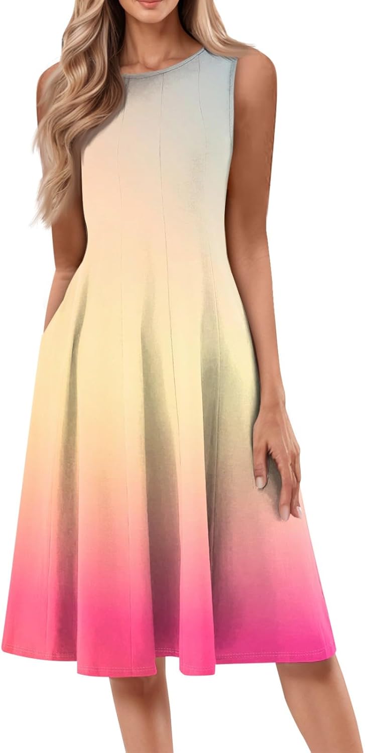 Womens Tank Sundress 2025 Casual Floral Print Tshirt Dress Swing Sleeveless Midi Dress Crewneck Pleated Summer Dresses