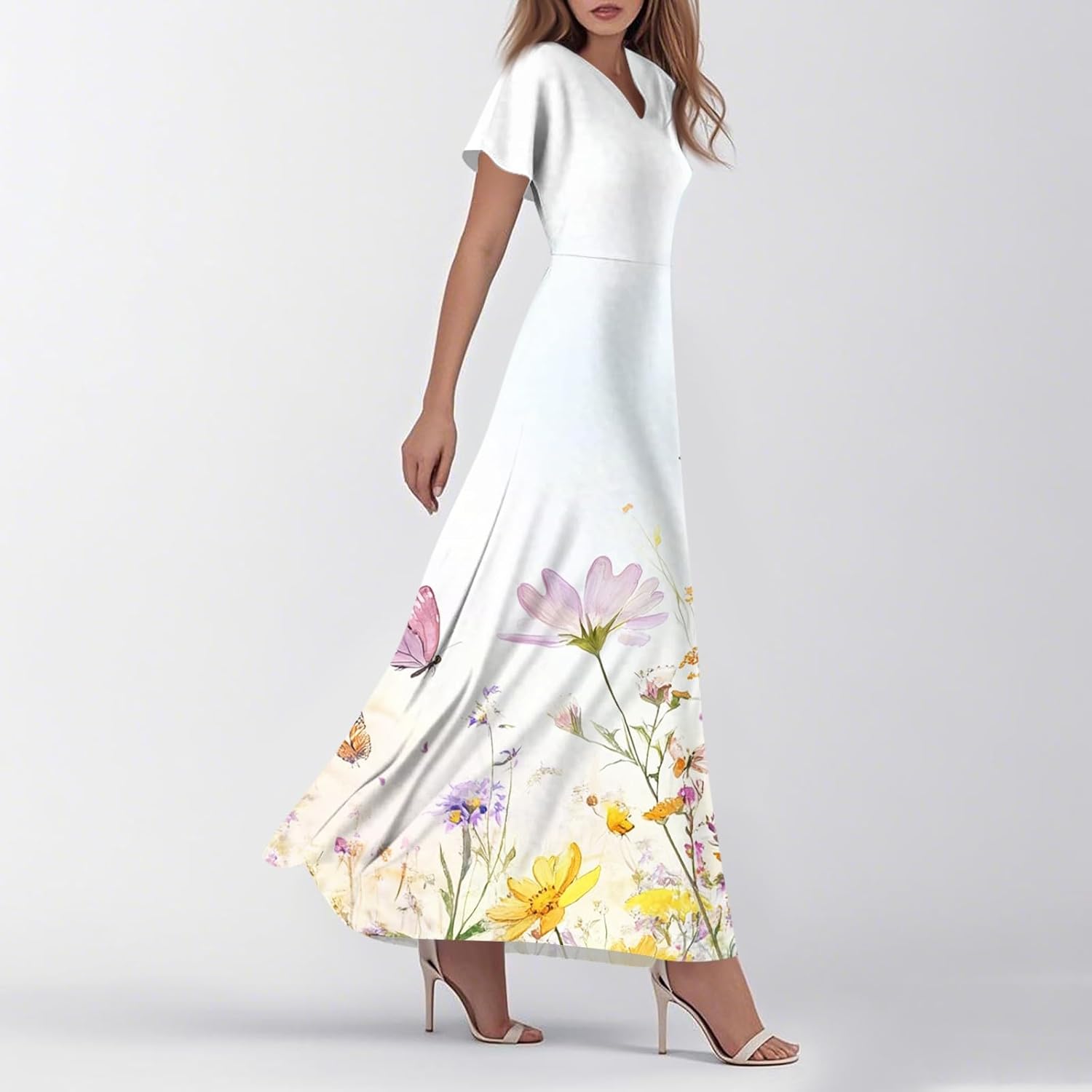 Womens Fashion V Neck Ruffle Short Sleeve Maxi Dress 2025 Summer Elegant Solid Color Flowy A Line Dresses