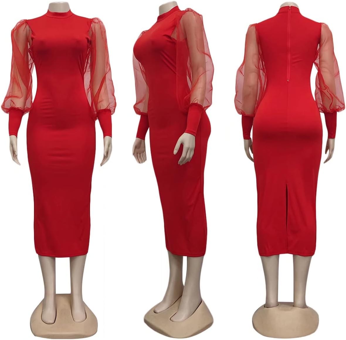 Ekaliy Women's See Through Bodycon Dress Sheer Mesh Long Puff Lantern Sleeve Dress Sexy Club Party Midi Dress Clubwear