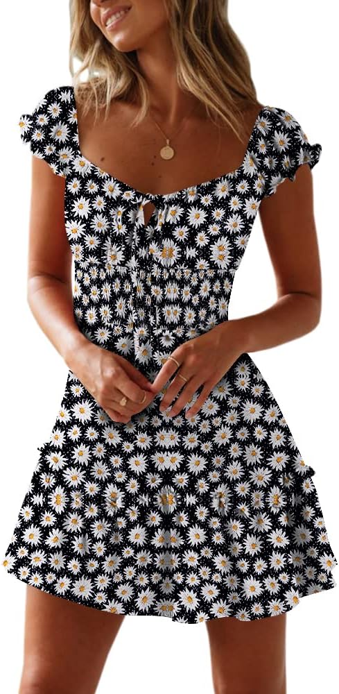 YOBECHO Women's Summer Ruffle Sleeve Sweetheart Neckline Printing Dress Mini Dress