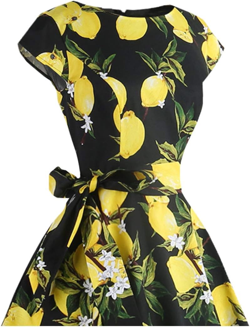 PUKAVT Women's 1950 Boatneck Cap Sleeve Vintage Swing Cocktail Party Dress with Pockets
