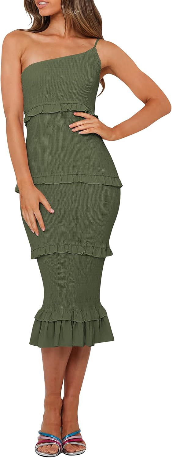 PRETTYGARDEN Women's Summer Midi Bodycon Dresses One Shoulder Strappy Tiered Ruffle Floral Boho Sun Dress